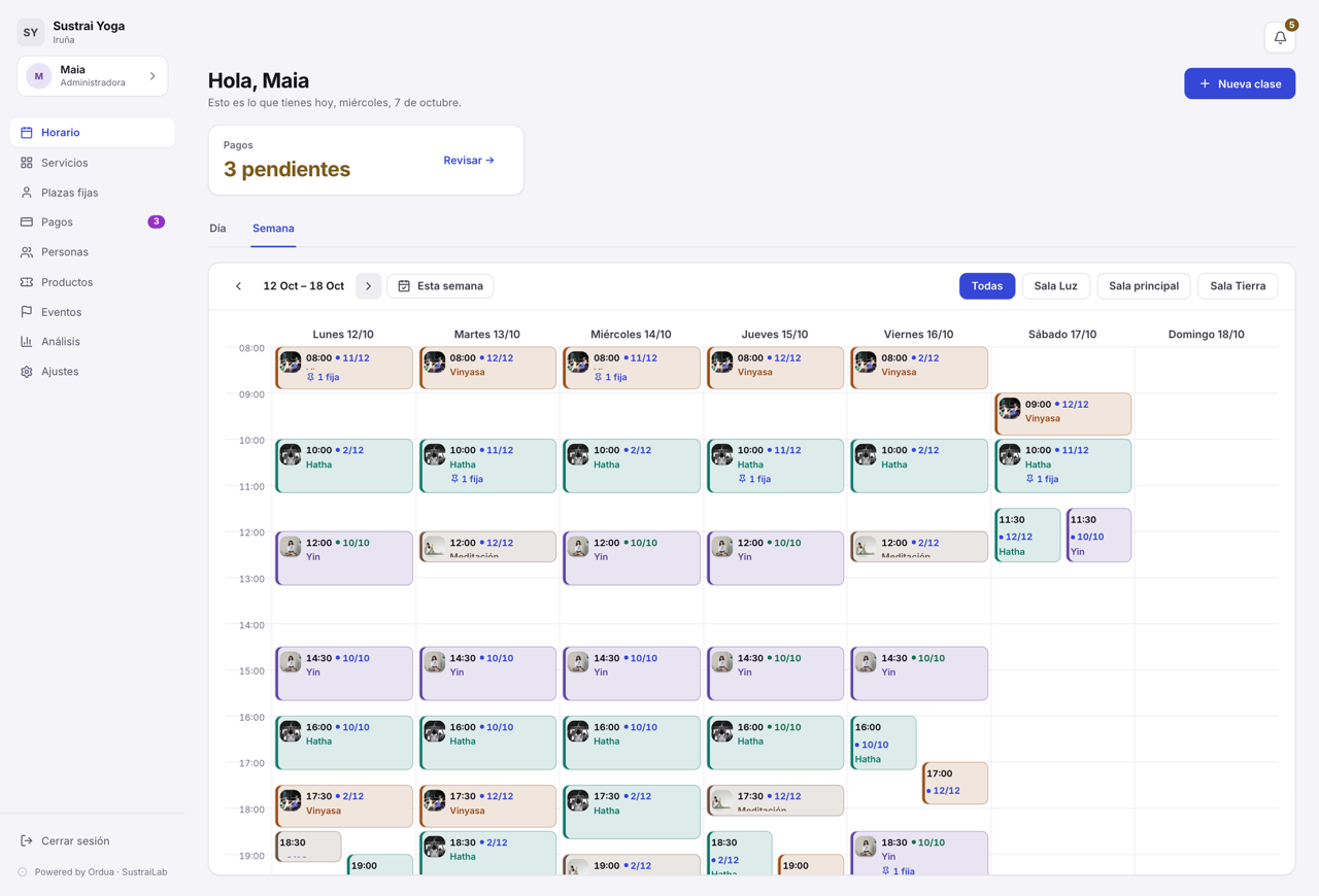 Ordua's dashboard for the school: weekly timetable, today's classes, occupancy and pending payments